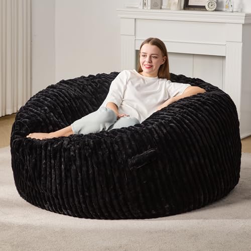 Hobestluk 5ft Bean Bag Chairs for Adults Large Beanbag Chair with Stripe Plush Cover Big Bean Bag Chair for Living Room Bedroom Dorm Office -Black