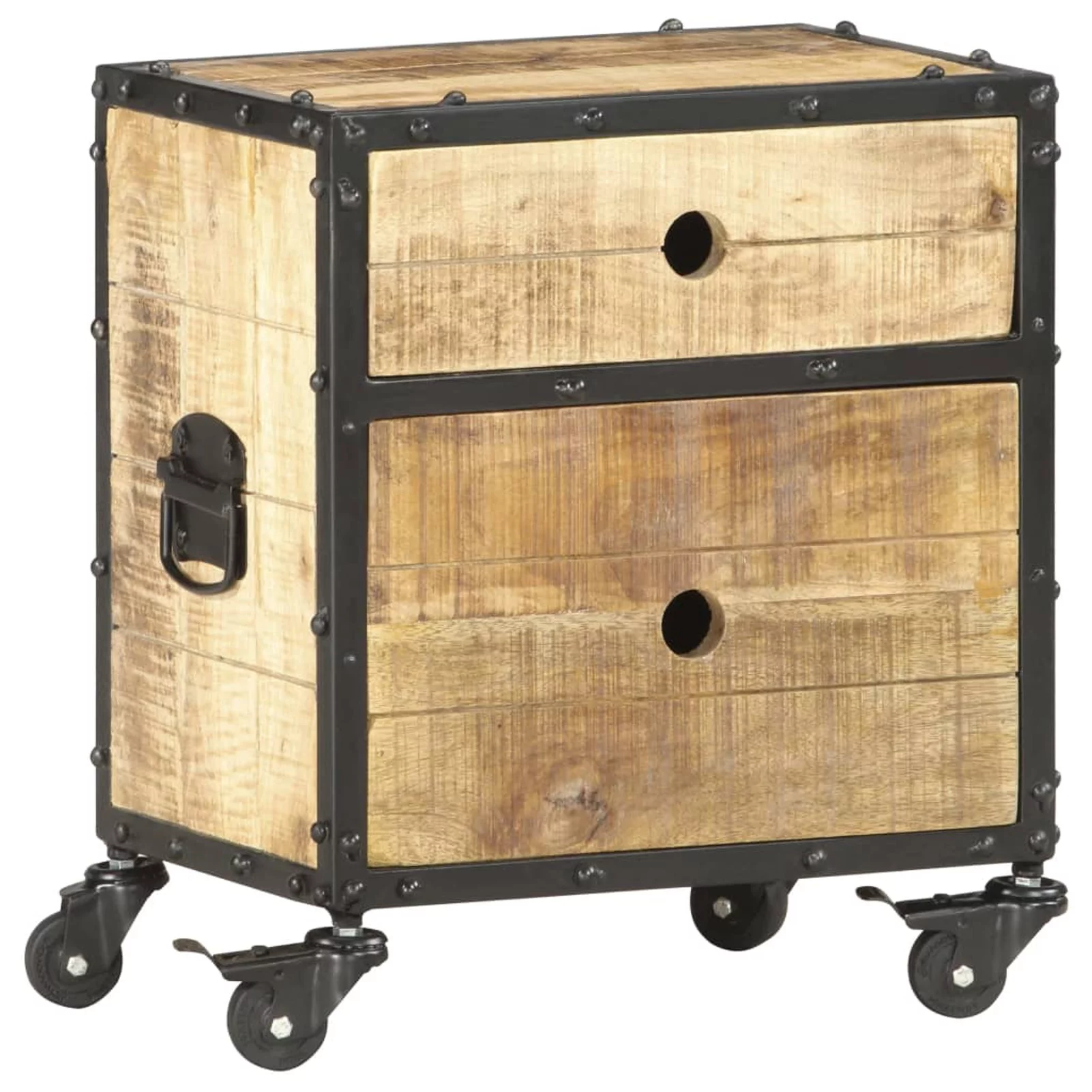 Anself Bedside Cabinet with 2 Storage Drawer and Wheels Rough Mango Wood Sofa End Side Table Nightstand for Living Room, Bedroom