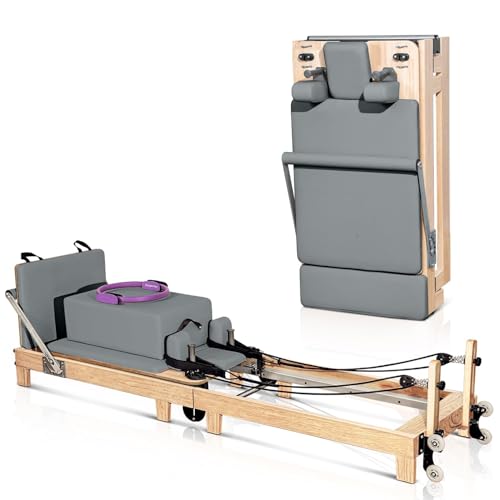 Pilates Reformer Machine, Quick-Assembly Foldable Studio Grade Pilates Equipment for Gym and Home, Oak Wood Pilates Reformer with Reformer Accessories