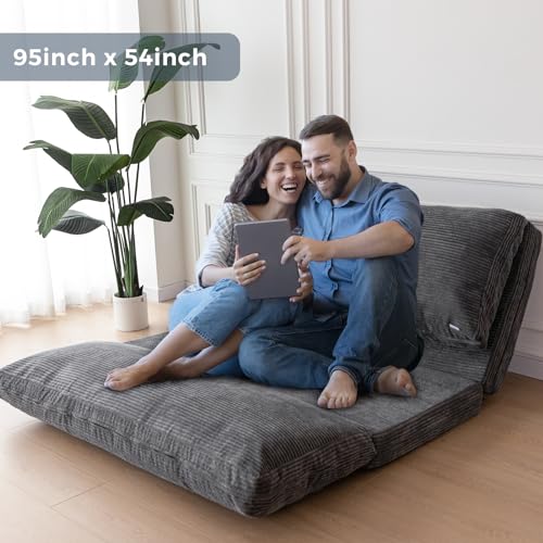 MAXYOYO Bean Bag Bed Folding Sofa Bed Floor Mattress for Adults, Extra Thick and Long Floor Sofa with Corded Washable Cover, Dark Grey, 30x95 Inch