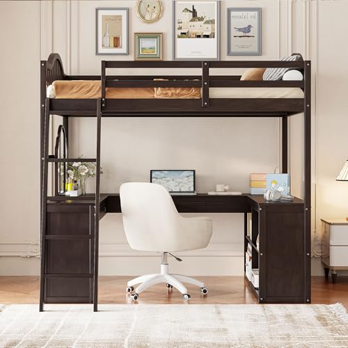 Harper & Bright Designs Full Size Loft Bed with Desk, Storage Shelves and Drawers, Solid Wood Loft Bed Frame with Built-in Wardrobe, Walnut