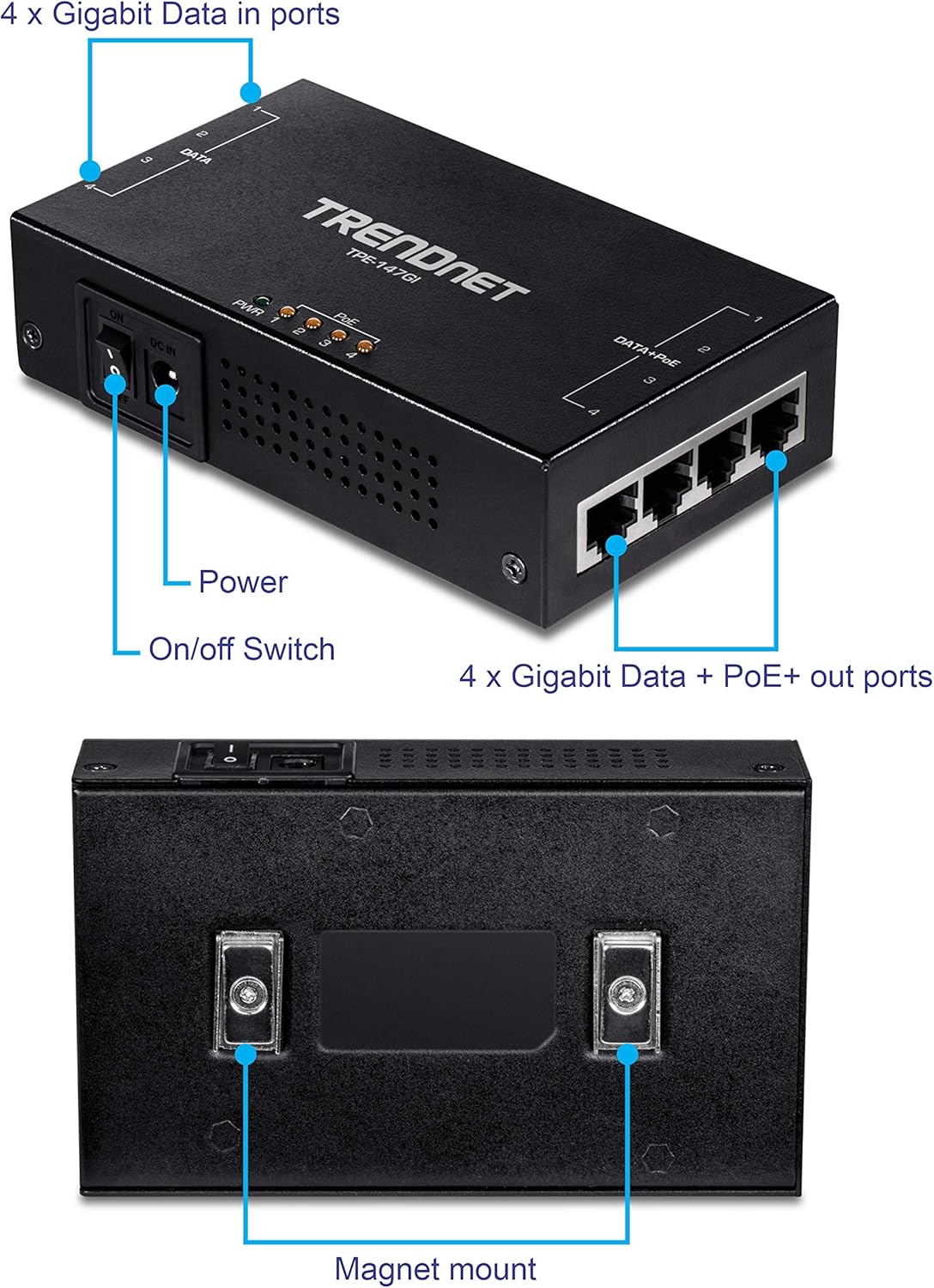 TRENDnet 65W 4-Port Gigabit PoE+ Injector, TPE-147GI, 4 x Gigabit Ports(Data in), 4 x gigabit PoE Ports(Data + PoE Out)