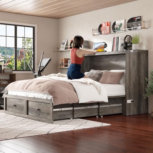 AMERLIFE Queen Murphy Bed with Storage & Charging Station, Farmhouse Murphy Cabinet with Foldable Panel, Noisy Free, for Guest Bedroom, Living Room
