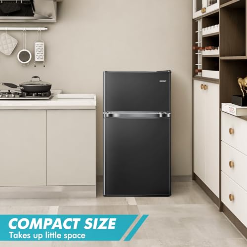 COSTWAY Compact Refrigerator, 3.2 Cu.Ft. Fridge Freezer Compartment with Reversible 2 Door, Adjustable Thermostat, Removable Glass Shelves