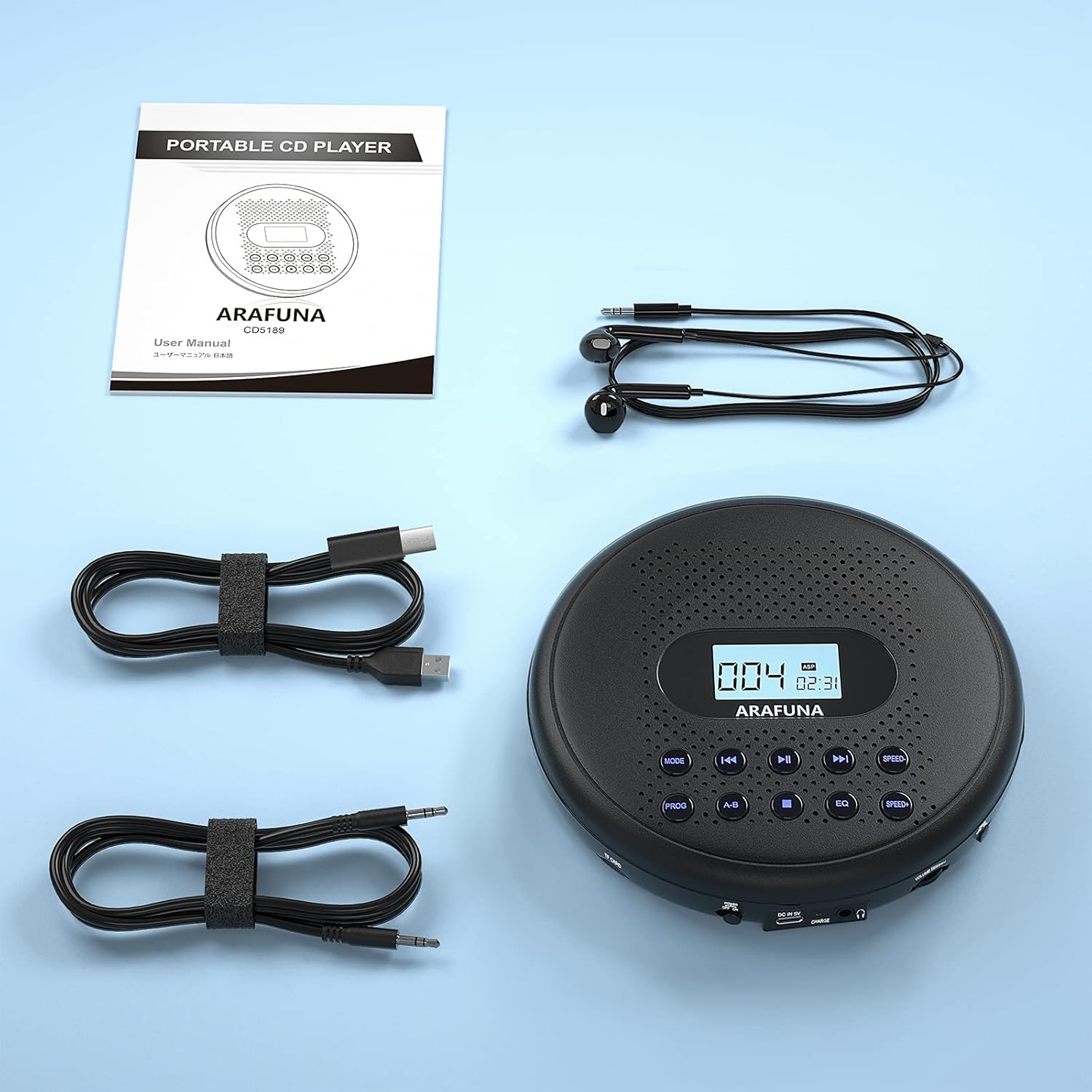 CD Player Portable, ARAFUNA Portable CD Player with Dual Stereo Speakers, Rechargeable CD Player for Car with Anti-Skip Protection