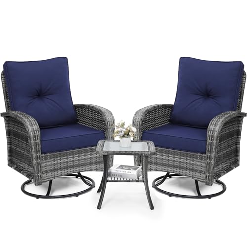 3 Piece Rattan Wicker Bistro Set, Outdoor Conversation Furniture Set with Glass Top Table, Space Saving for Balcony, Backyard, Natural