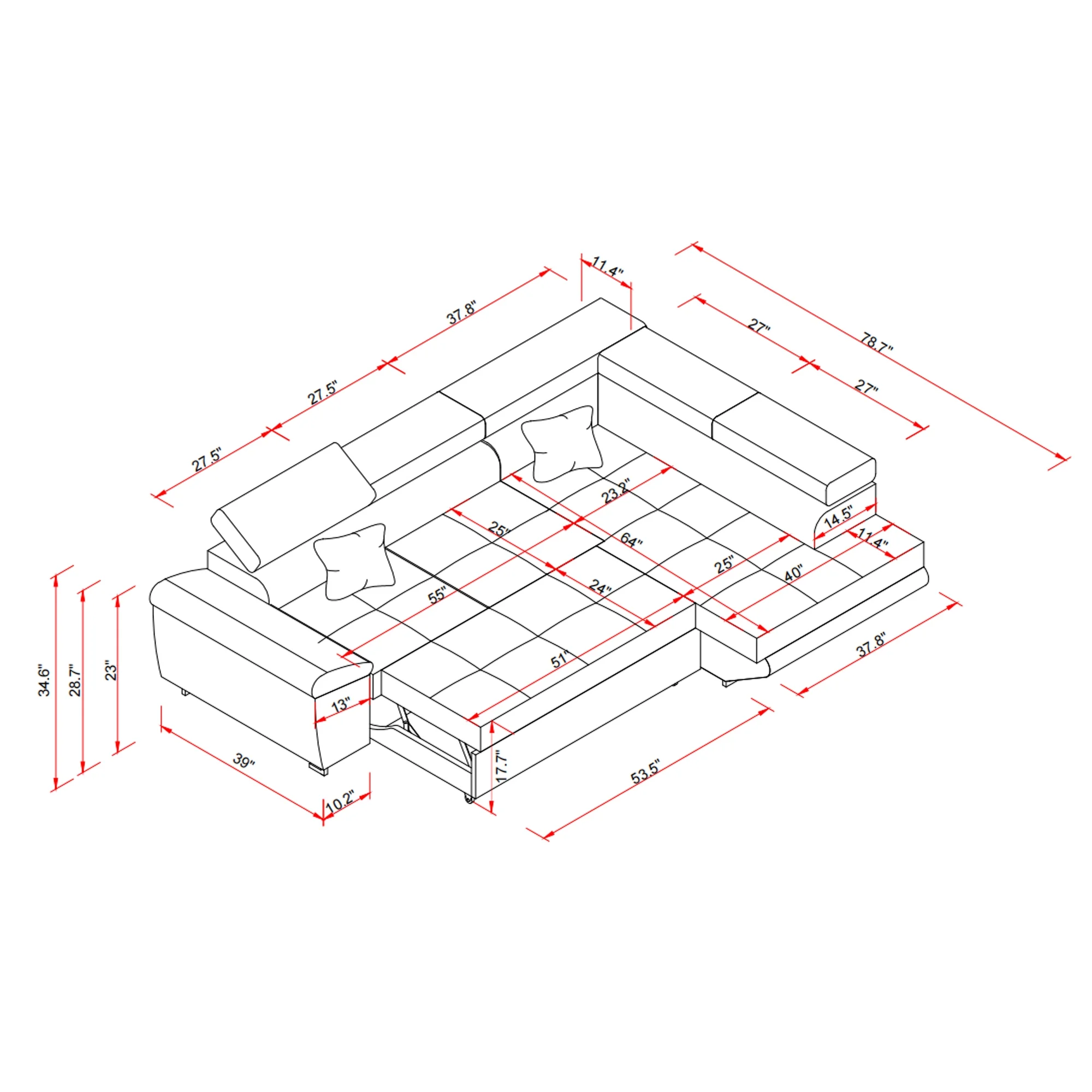 Noodeniya Corner Sofa Couch Pull-Out Bed with Storage Chaise, Convertible Sleeper Sofa Bed, L Shaped Corduroy Right Corner Couch for Living Room