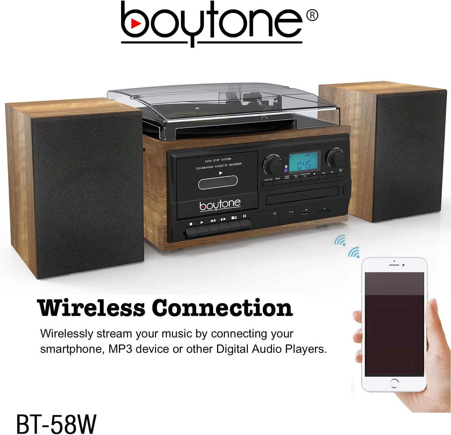 Boytone BT-58W Bluetooth Record Player Turntable with CD Player, Convert LP Vinyl, CD to MP3 Player, Cassette, AM/FM Radio, Aux, USB/SD Encoding
