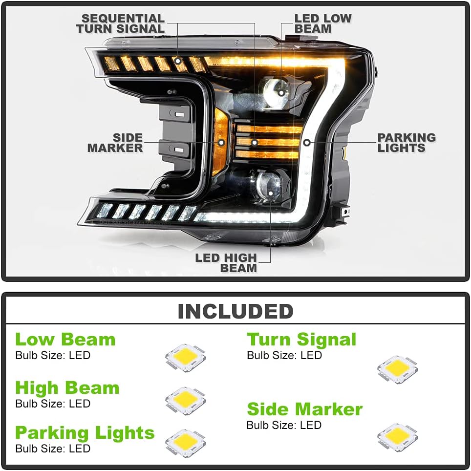 ACANII - For 2018-2020 Ford F150 Black LED Tube w/Sequential Signal LED Projector Headlights Headlights Set Left+Right
