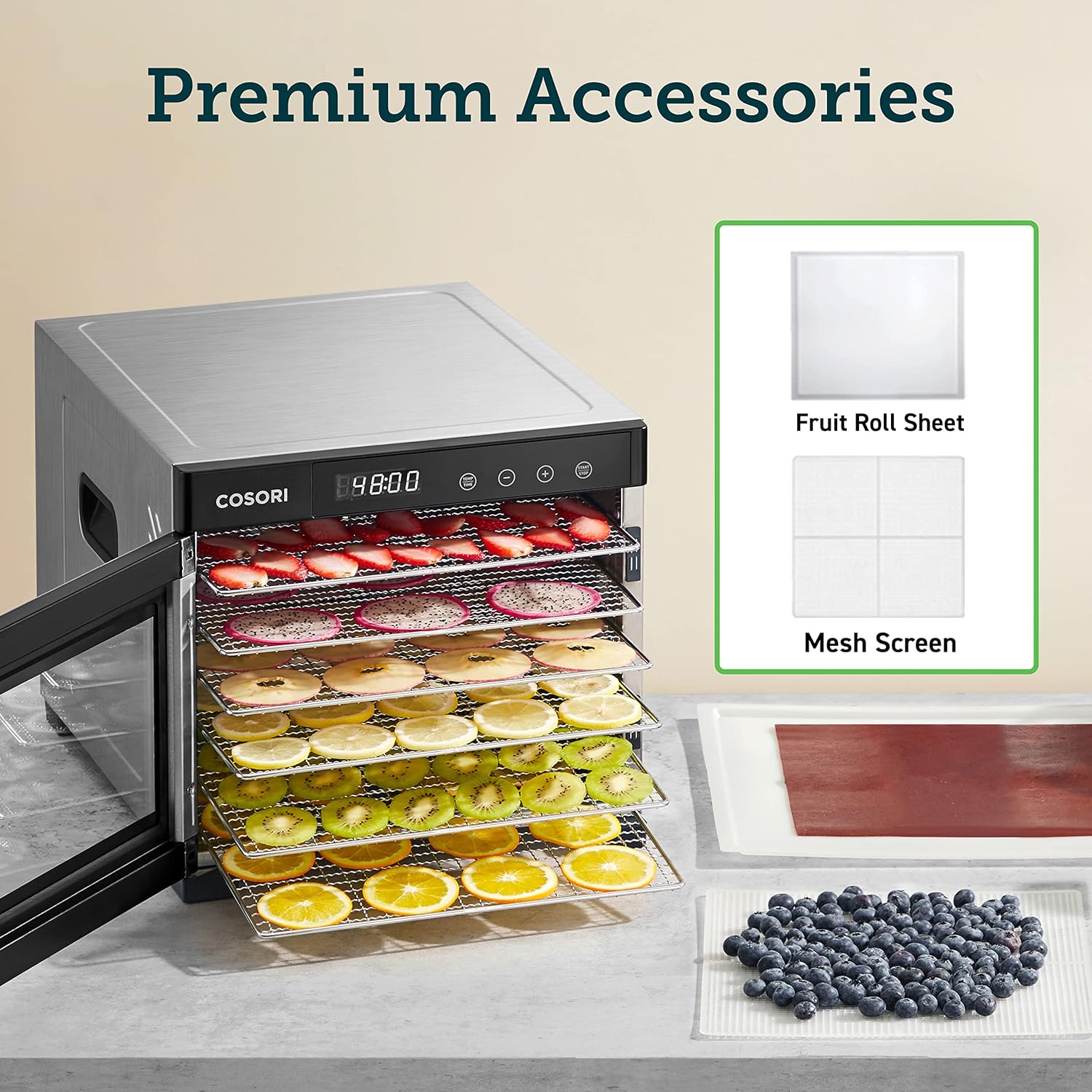 COSORI Food Dehydrator for Jerky, Large Drying Space with 6.48ft&sup2;, 600W Dehydrator Machine, 6 Stainless Steel Trays, 48H Timer, 165&deg