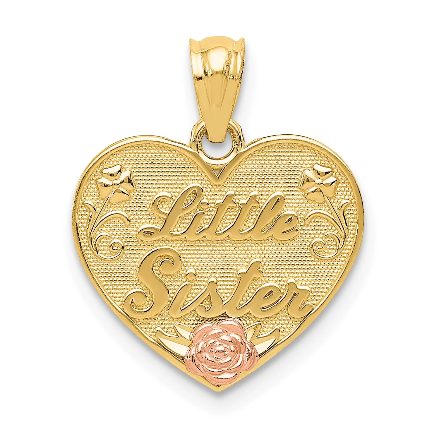 Carat in Karats 14K Two-Tone Gold Two-Tone Little Sister Heart Pendant (20mm X 15mm) With 14K Yellow Gold Light Weight Rope Chain 16"