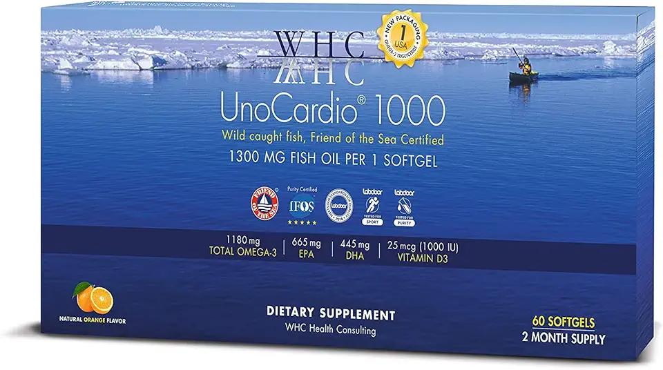 WHC, UnoCardio 1000 Fish Oil, 1300 mg of Pure Triglyceride Fish Oil with Omega-3 (1180 mg)