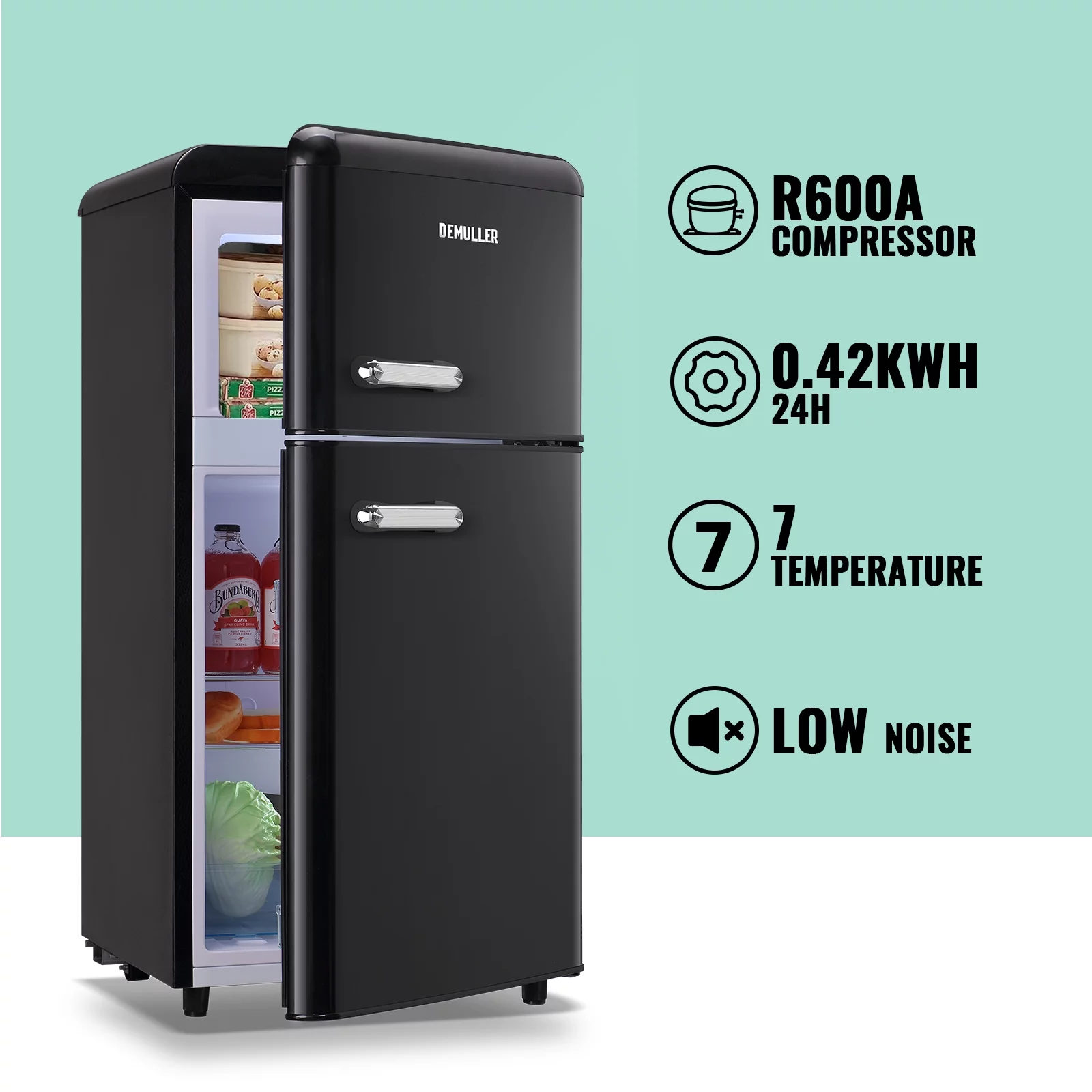 DEMULLER Mini Refrigerator Dual Door Fridge with Handle 7 Speed Temperature Control YX-100-Black