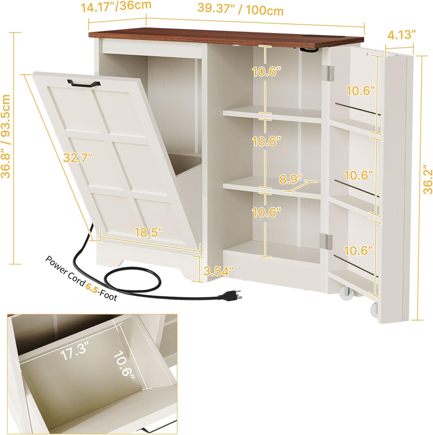 DWVO Tilt Out Trash Cabinet, 13 Gallon Cabinet Trash Can with Outlet/Adjustable Shelves, Hidden Pull Out Trash Bin Cabinet