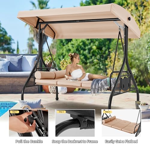 HOMREST 3 Seat Outdoor Porch Swing with Adjustable Canopy, Convertible Patio Swing Bed with Stand, Patio Glider Swing with Upgraded Cup Holder