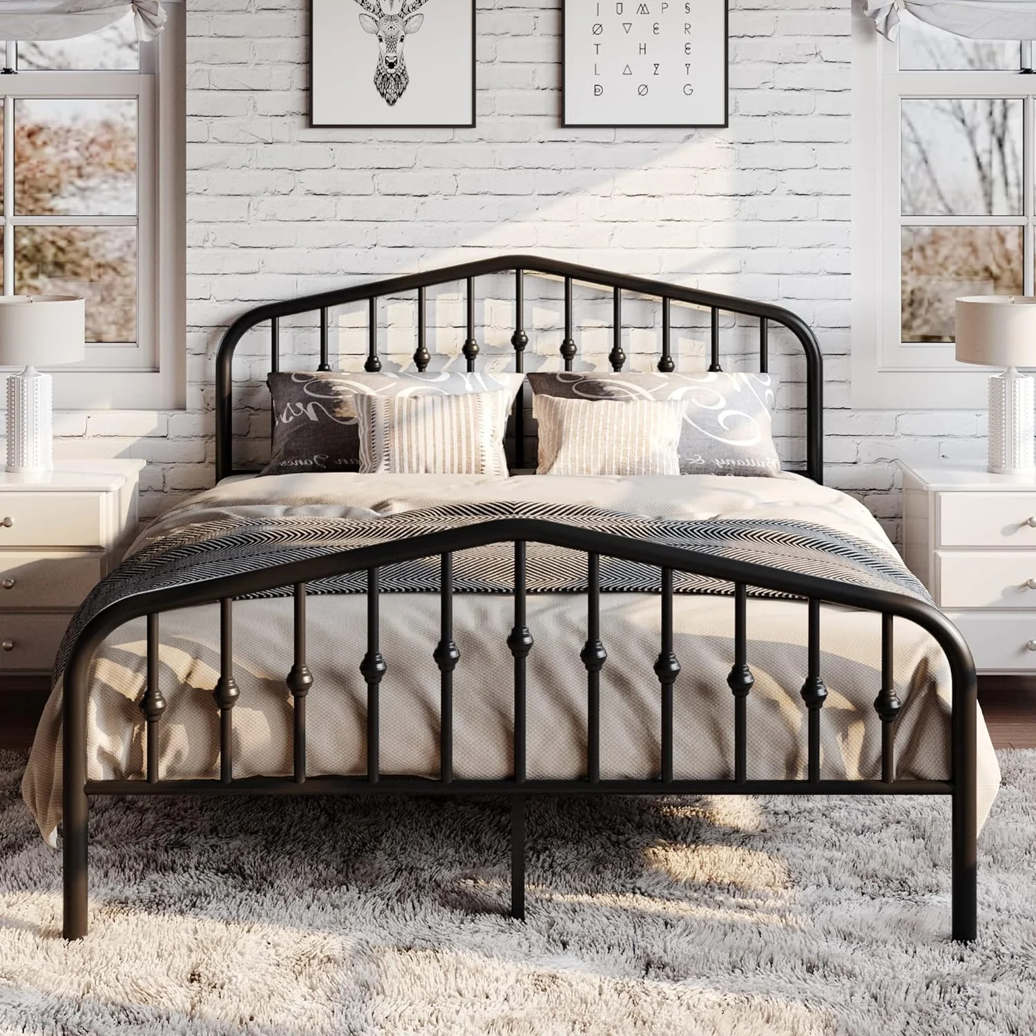 YINCHEN Queen Size Metal Platform Bed Frame with Victorian Style Wrought Iron-Art Headboard/Footboard, No Box Spring Required, Black