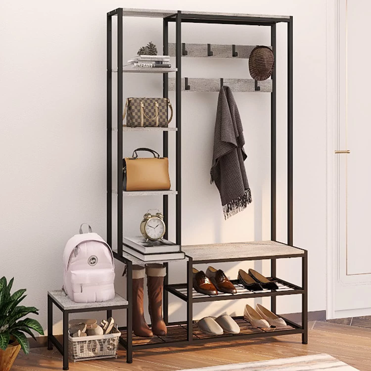 YGDU Hall Tree with Shoe Storage Bench, Coat Rack with 7 Hooks,Interchangeable 4 Tier Side Storage Shelves, Small Cute Side Bench