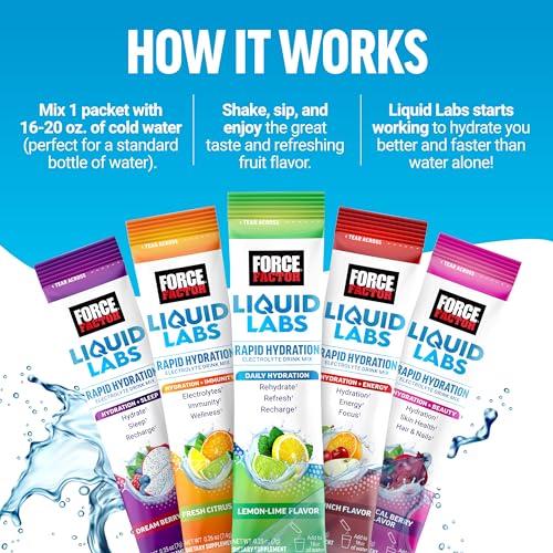 FORCE FACTOR Liquid Labs Electrolytes Powder, Hydration Packets to Make Electrolyte Water with 5 Essential Electrolytes, Vitamins, Minerals