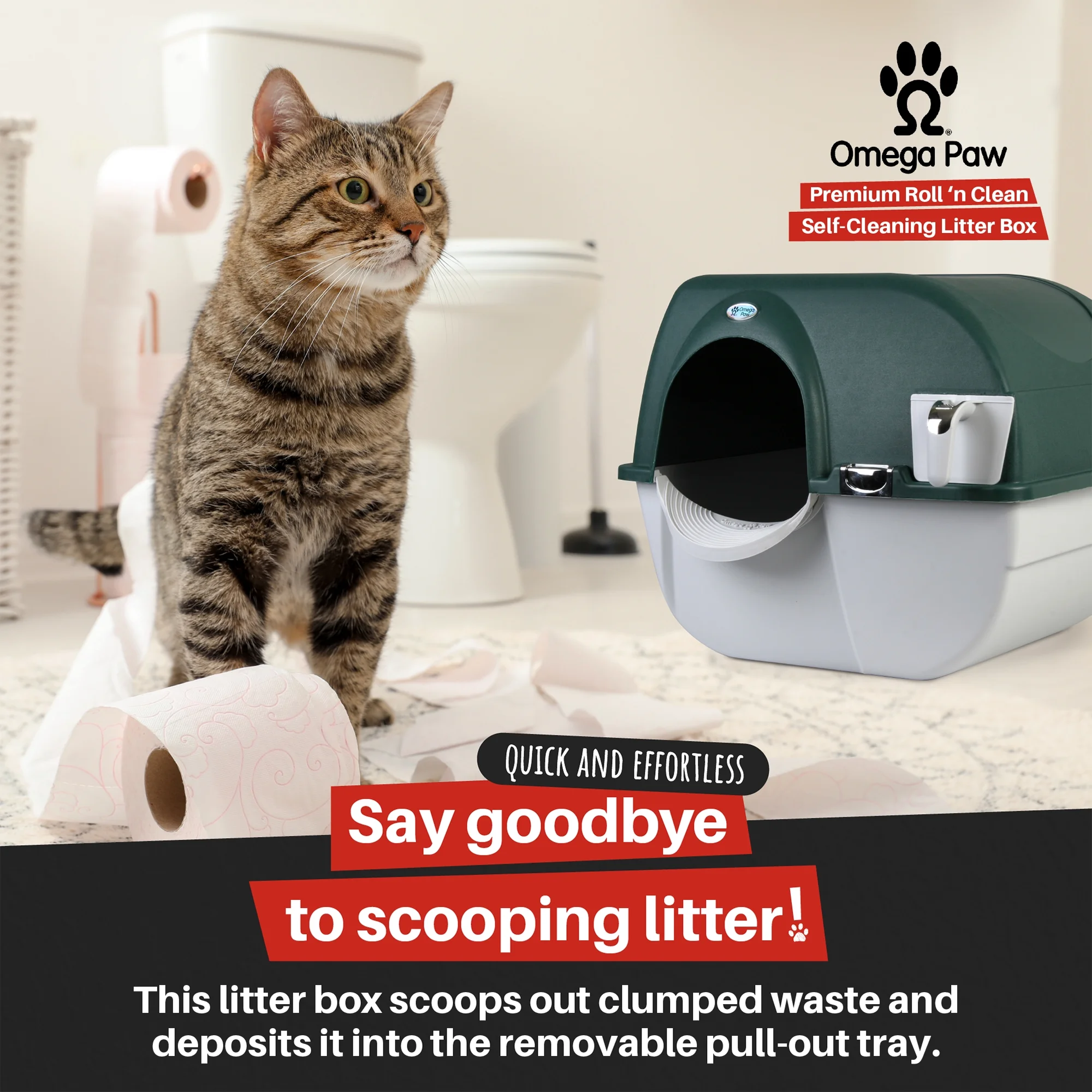 Omega Paw Premium Roll 'N Clean Self Cleaning Litter Box, Large, Green - Curated Treasures Market