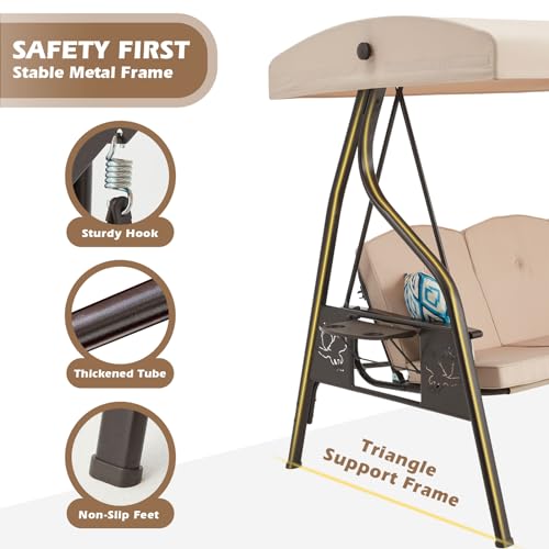3-Seat Outdoor Porch Swing with Stand, Patio Swing with Canopy