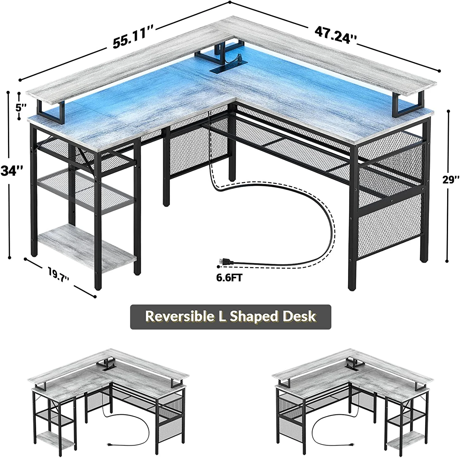 Homieasy L Shaped Desk with Power Outlets and LED Light, 55 inch Reversible L-Shaped Gaming Desk with Monitor Stand