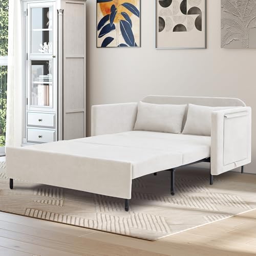 3-in-1 Sleeper Sofa Bed, 51'' Convertible Folding Couch with Pullout Bed, Chenille Futon Sleeper Sofa with Side Table and 2 Pillows