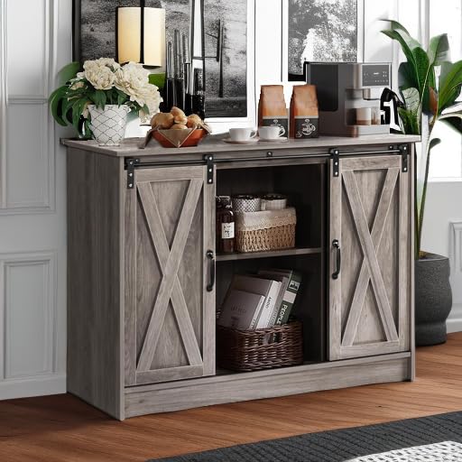 4 EVER WINNER Coffee Bar Cabinet with Sliding Barn Doors, 42” Sideboard Buffet Cabinet with Storage