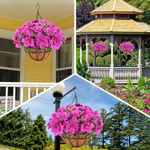 Artificial Hanging Flowers with Basket, Silk Azalea Flowers in Coconut Lining Hanging Baskets