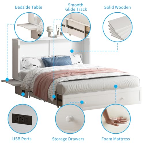 Mjkone Murphy Bed, Queen Cabinet Beds with Tri-fold Mattress and Built-in USB Charging Station/Drawer