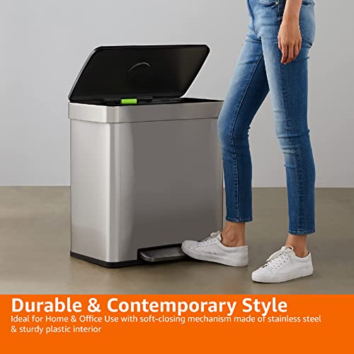 Amazon Basics Rectangular Recycling Trash Can with 2 Compartments, Grey,Silver, 60 Liters