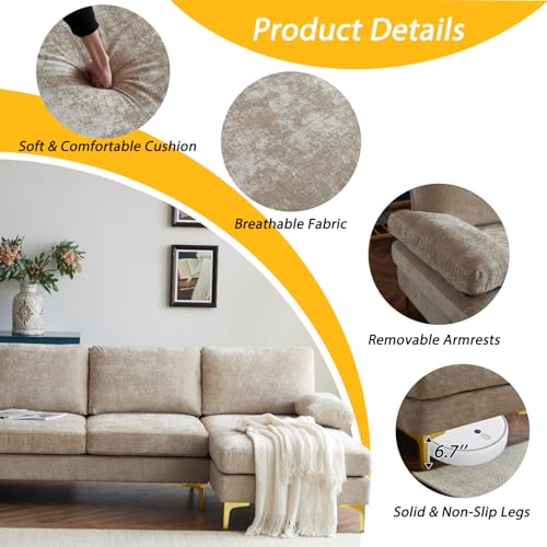 Karl home Convertible Sectional Sofa 110" U-Shape Sofa Couch 4-Seat Couch with Chaise ChenilleFabric Upholstered for Living Room, Apartment, Office