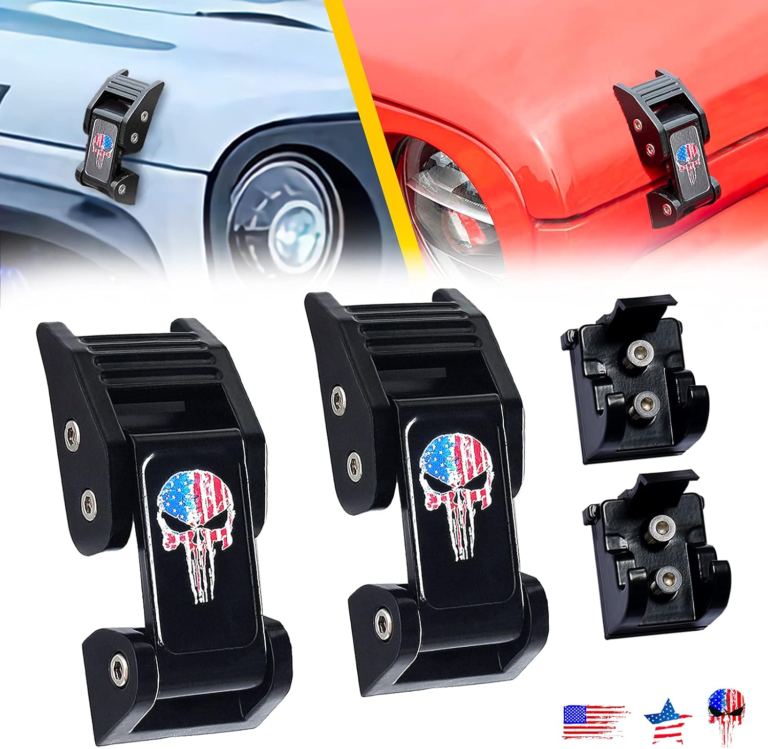 Buling TJ Hood Latches Improved Design Aluminum Hood Catch Latch Kits Compatible with Jeep Wrangler TJ 1997-2006 (Texture Black US Flag)