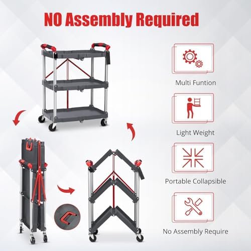 3-Tier Holds Foldable Utility Carts, Collapsible Service Rolling Carts with Wheels， for Home, Office, Garage