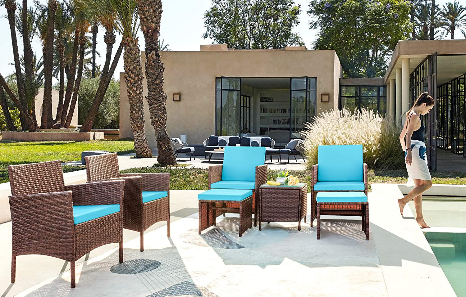 Vineego 7-Pieces Patio Furniture Set Outdoor All Weather Cushioned Wicker Chairs with Ottoman and Glass Table, Blue