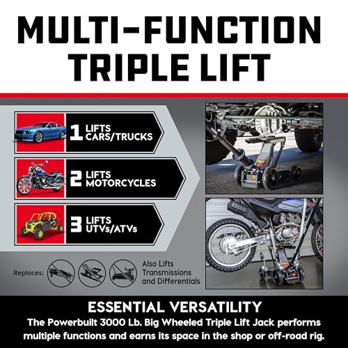 Powerbuilt 2 Ton Triple Lift Floor Jack, Lifts Cars, Trucks, Motorcycles, ATV's, Transmissions, Tie-Down Loops, Locking Safety Bar - 620422E, Silver