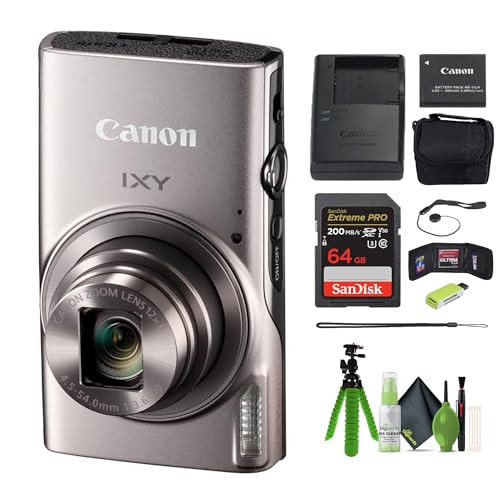 Canon PowerShot IXY 650 (ELPH 360) HS Compact Digital Camera 12x Optical Zoom IXY650 (Silver) Bundle + 64GB Memory Card + Camara Bag + Card Reader +