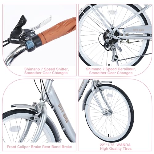 26 Inch Womens Beach Cruiser Bike 7 Speed，Hybrid Bike Women，Womens Commuter Bicycle，High-Carbon Steel Frame，Anti-Skid Tires，Multiple Colors