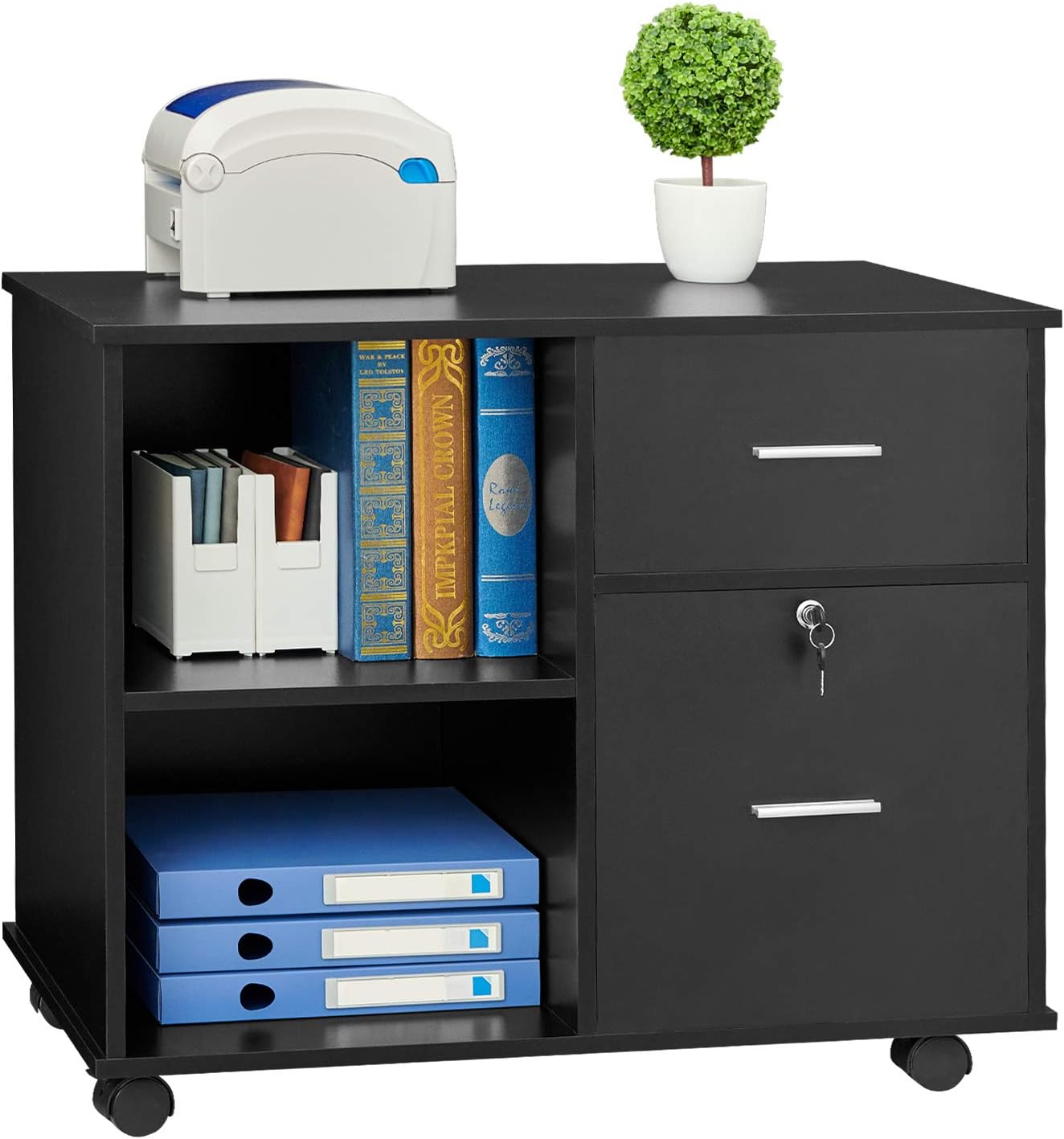 GreenForest Wooden File Cabinet 2 Drawers Lateral File Cabinet with Lock Rolling Mobile Filing Cabinets for Home Office Printer Stand with Open
