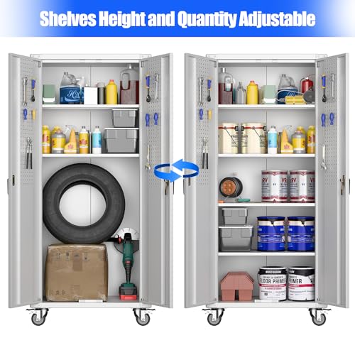 71" Metal Storage Cabinet with Wheels and Pegboard, Lockable Rolling Steel Storage Cabinet with 5 Adjustable Shelves and Door for Garage, Office