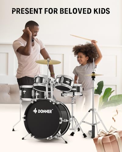 Kid Drum Sets-Donner 5-Piece for Beginners, 14 inch Full Size Complete Junior Drum Kit with Adjustable Throne, Cymbal, Hi-Hat, Pedal & Drumstick