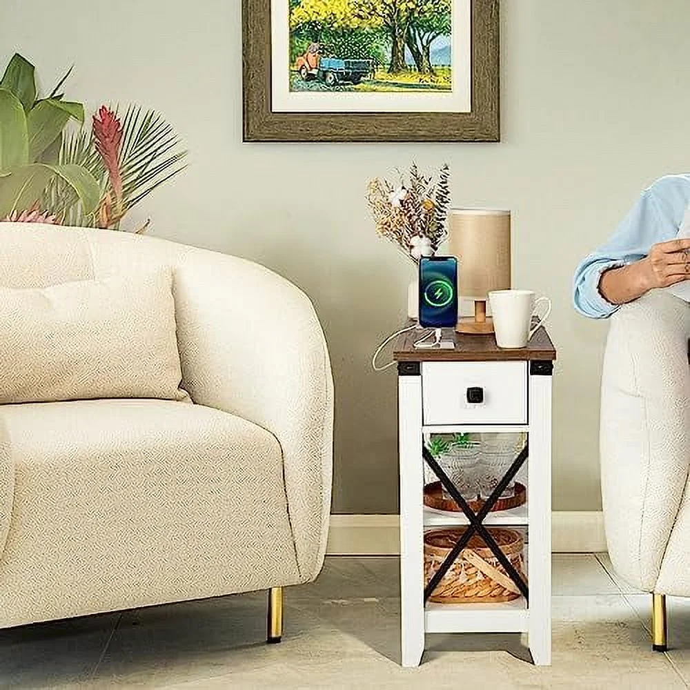 RUNFAYBIU Narrow End Table with Charging Station