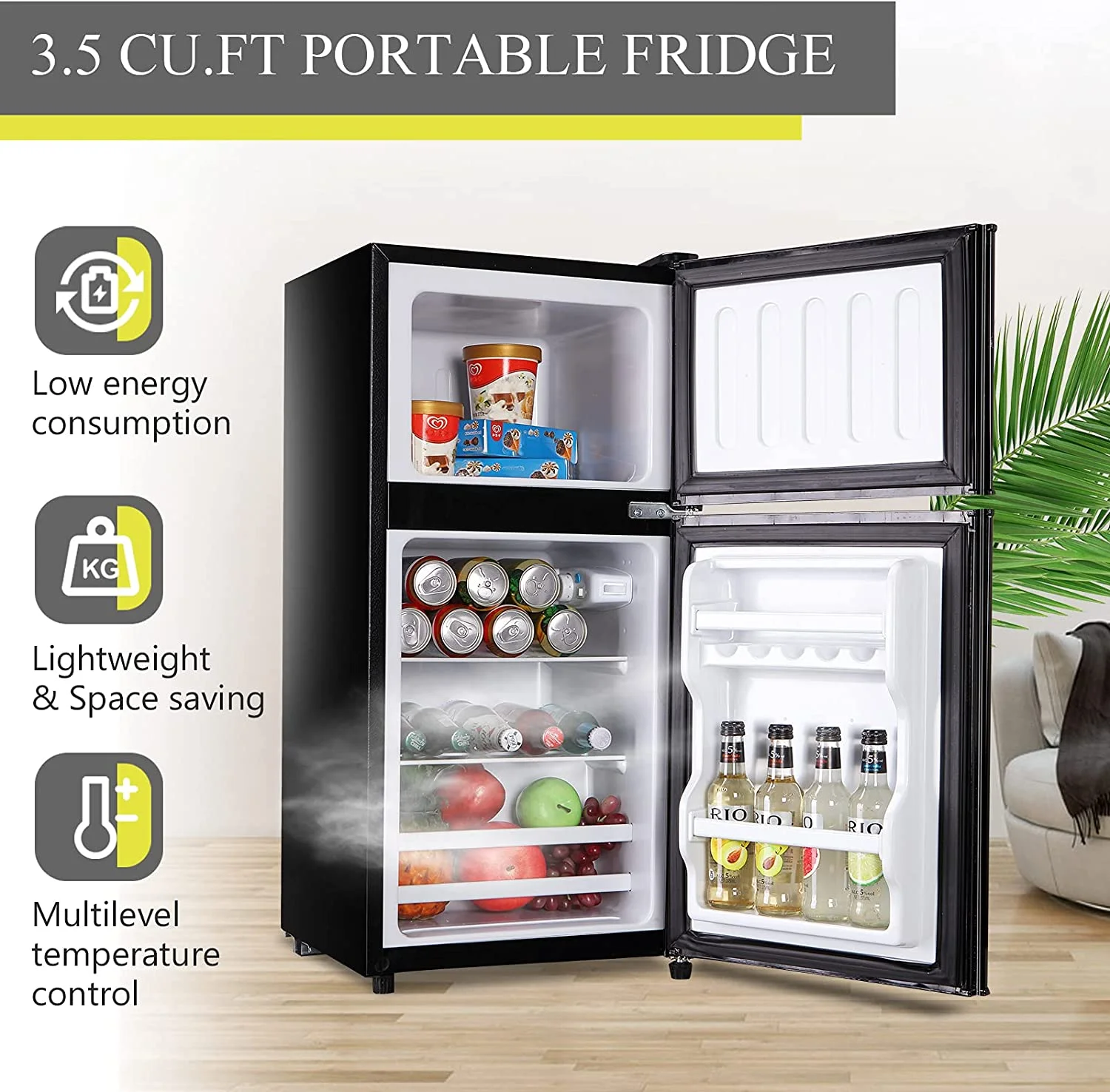 GGTB 3.2 Cu ft Two Door Mini Fridge with Freezer, Retro Compact Refrigerator with Freezer, Black