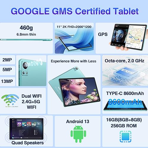 11 inch Android 13 Tablet 16GB+256GB Tablets with 1TB Expand, Octa-Core 2000 * 1200 2K FHD Display 13MP Camera, 8600mAh, Quad Speakers, 5G WiFi