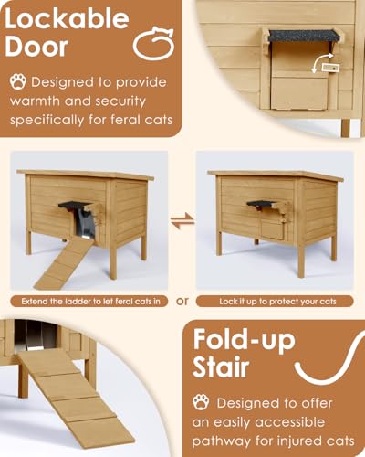 Ivy&Lane Outdoor-Cat-House | Insulated-Feral-Cat-Shelter | Weatherproof | for Winter | Foam & Wood | Large | for Multiple Cats | Fold-up Stair |