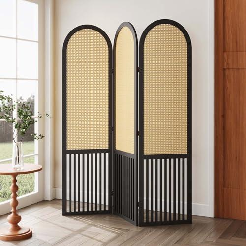 Room Divider and Folding Privacy Screens, Pine Wood 5.6 Ft Double Hinged Rattan Partition Freestanding Wall Room Divider for Home - 3 Panels