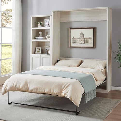 MERITLINE Queen Size Murphy Bed with Storage Bookcase Shelves,Cabinet and Charging Station,Wood Folding White Murphy Wall Bed