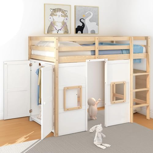 Full Size Loft Bed with L-Shaped Desk, Wardrobe and Storage Shelves, Solid Wood Bedframe w/Safety Guardrails & Ladder for Kids Teens Adults