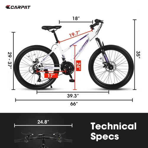S24103 24 inch Mountain Bike for Teenagers Girls Women, Shimano 21 Speeds Gear MTB with Dual Disc Brakes and 100mm Front Suspension, White