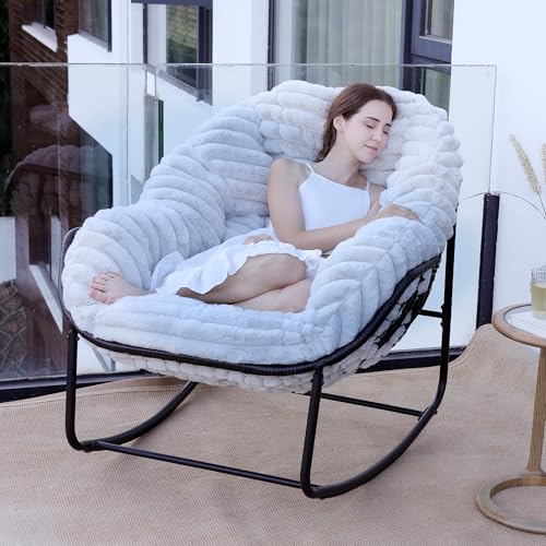 Outdoor Indoor Rocking Chair, Patio Wicker Egg Chair, Indoor & Outdoor Comfy Oversized Papasan Chair with Padded Cushion