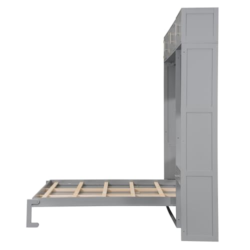 Polibi Full Size Wall Murphy Bed with Built-in Desk & Shelves - Multi-Functional Wall Bed for Small Apartments, 3 Storage Cabinets